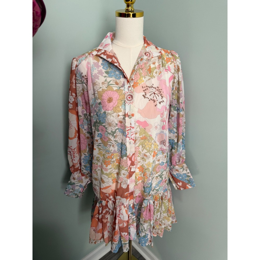 Pink Ripple Mixed Floral Patchwork Button Down Ruffle Mini Dress Small